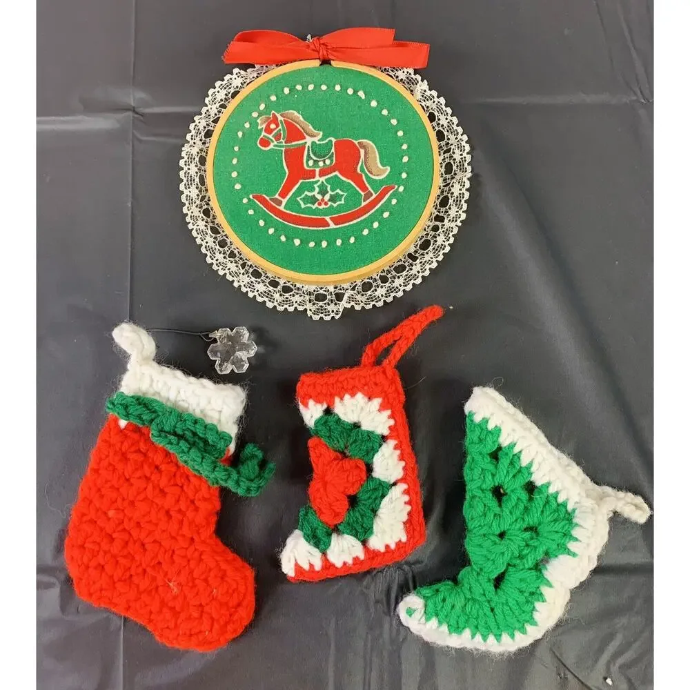 Vtg Mixed Lot Of 10 Christmas Ornaments Plastic Canvas Yarn Crocheted Felt